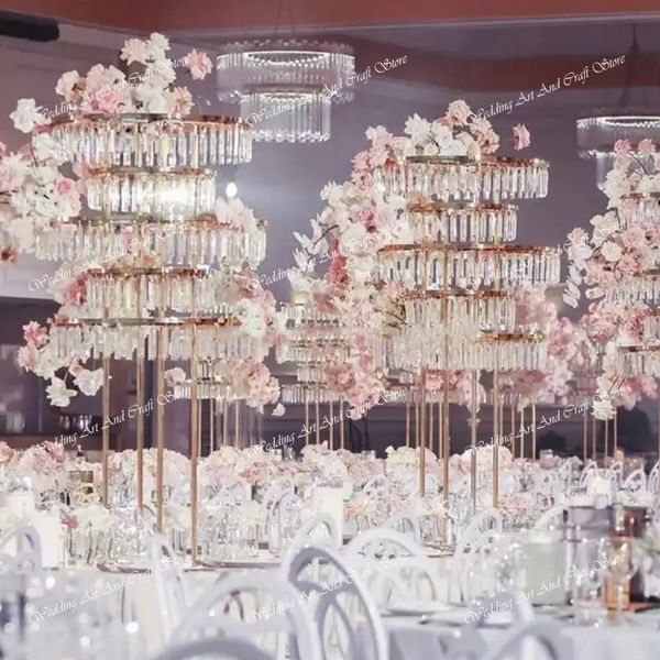 Basi centrali per centro tavola di nozze di candelabri di cristallo squisiti per centrotavola Decorazioni per eventi in oro acrilico con parete di fiori Chuppah in oro di lusso 223