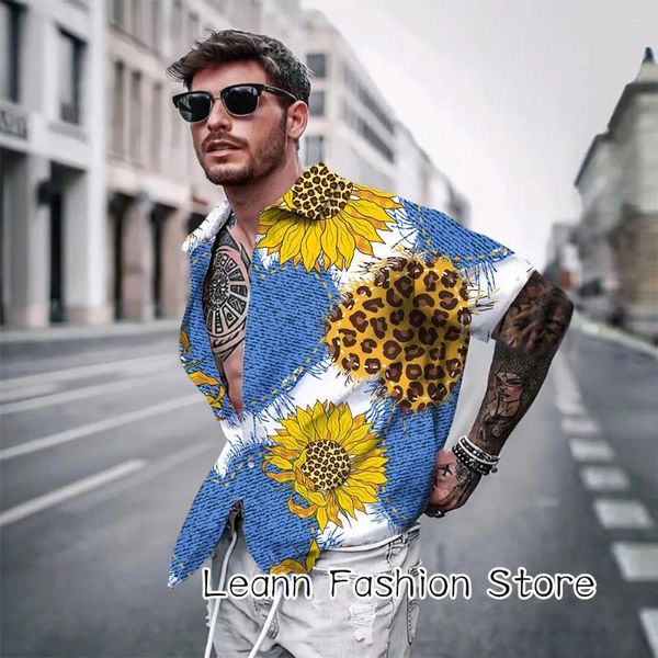 Männer Casual Hemden Männer Sommer Sonnenblumen Leopard Hemd Männlich Mode Täglich Kurzarm Kleidung Strand Stil Streetwear Hawaiian Urlaub
