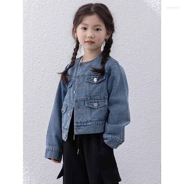 Jaquetas menina topo 2024 primavera outono estilo coreano moda curto solto denim jaqueta bebê retro gola redonda jean outerwear
