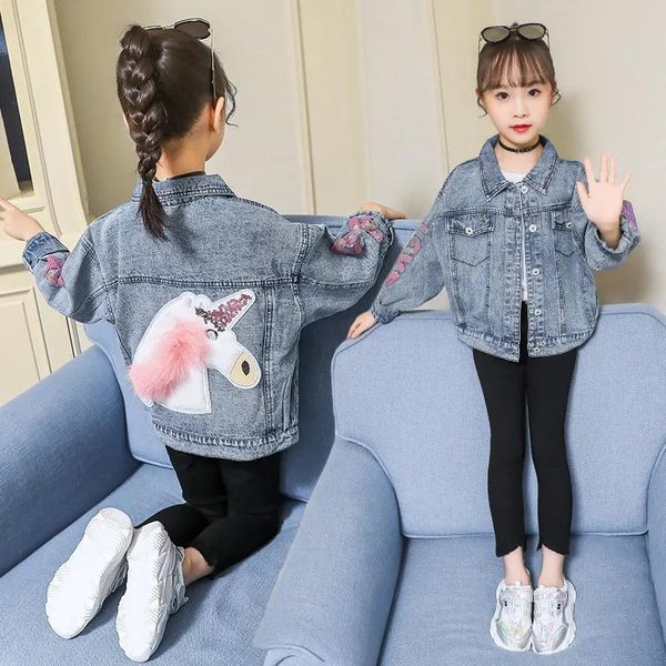 Giacche Moda Ragazza Giacca di jeans Bambini Maniche lunghe Unicorno Cappotto con paillettes Lettera Capispalla da cowboy per bambini