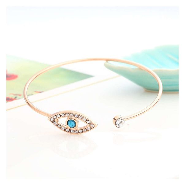 Braccialetti con ciondoli Colore oro Forma rotonda Occhi diabolici fortunati Hamsa turco Bracciale aperto a mano con castone Pietra blu Cz Gioielli da donna Goccia Dhpss