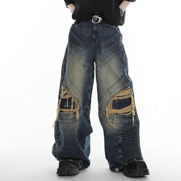 Lavar quatro estações homens pesados techwear jeans moda legal reta segmentada punk styledo o velho desgastado calças jeans 240104