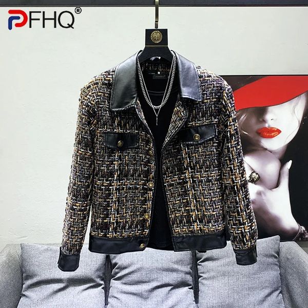 Pfhq 2023 jaquetas de couro de retalhos para homens manga longa turndown colarinho contraste cor casaco masculino verão moda 21f3421 240105