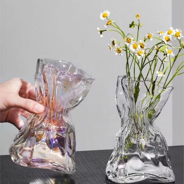 Ins vaso de vidro criativo dobrável, vaso de flores de luxo como papel, decoração de casa, vaso de vidro transparente irregular, arte hidropônica 240105