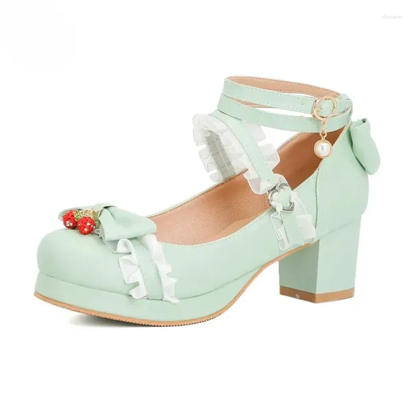 Kleid Schuhe Frauen Nette Lolita Cosplay Schleife Mid Chunky Heel Herz Strap Plattform Mary Jane Pumps Kawaii Süße Schule mädchen Erdbeere