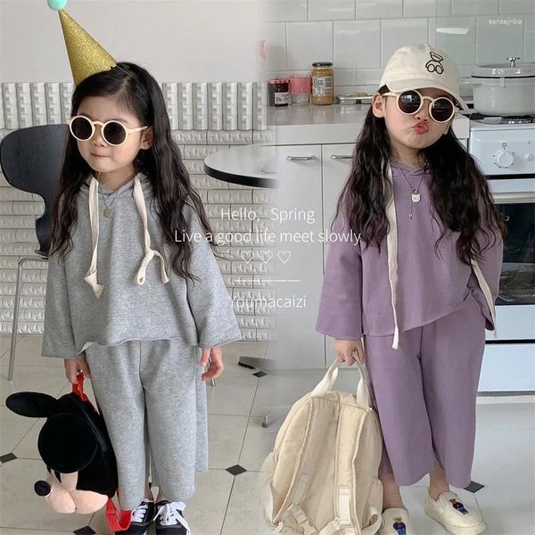 Kleidungssets 2024 Koreanische Kinderkleidung Frühling und Herbst Linie Mädchen Baby Pullover mit Hut Breite Beinhosen Set 2 Stück