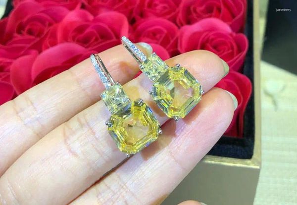 Brincos pendurados 925 prata esterlina jóias charme amarelo gem pedra brinco doce cristal doce romântico quadrado casamento