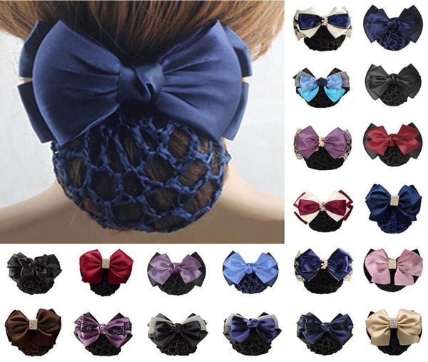 Senhora cetim arco strass barrette grampo de cabelo capa net bun snood bowknot doce r483885460