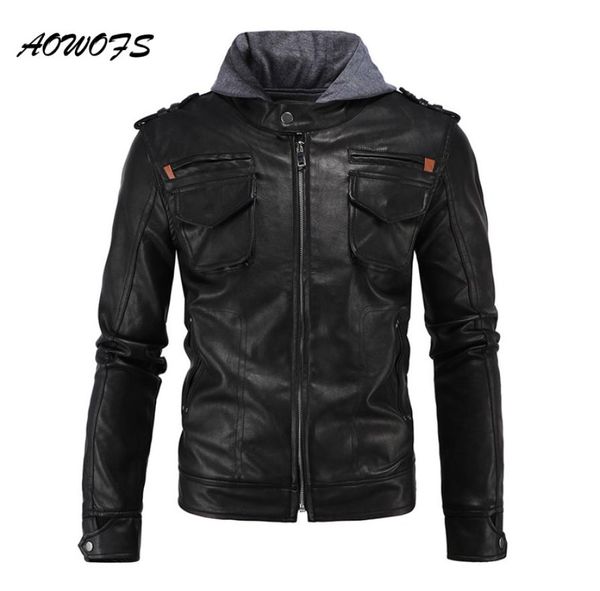 Вся кожаная куртка с капюшоном AOWOFS, мужские пальто в стиле сафари, черные мото кожаные куртки с капюшоном, модная мужская кожаная куртка в стиле хип-хоп6990834