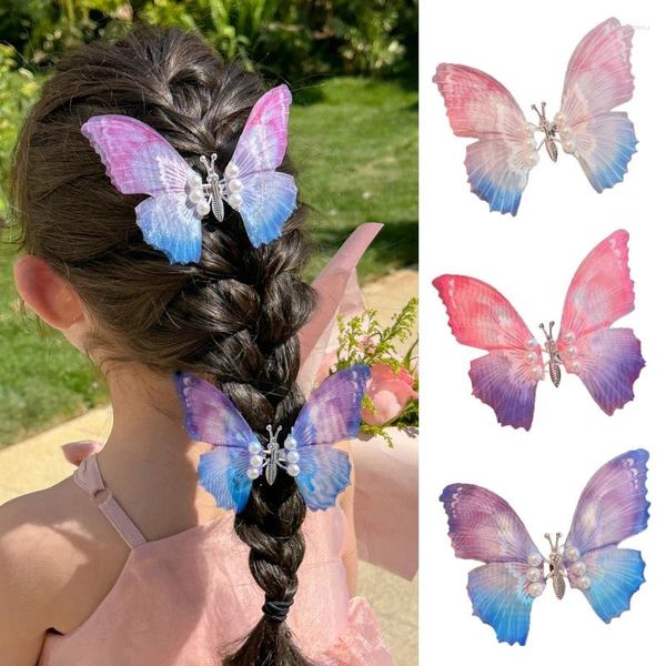 Acessórios de cabelo 1 peça asas móveis borboleta hairpin gaze gradiente cor hairgrip pérola grande clipd diy doce crianças headwear