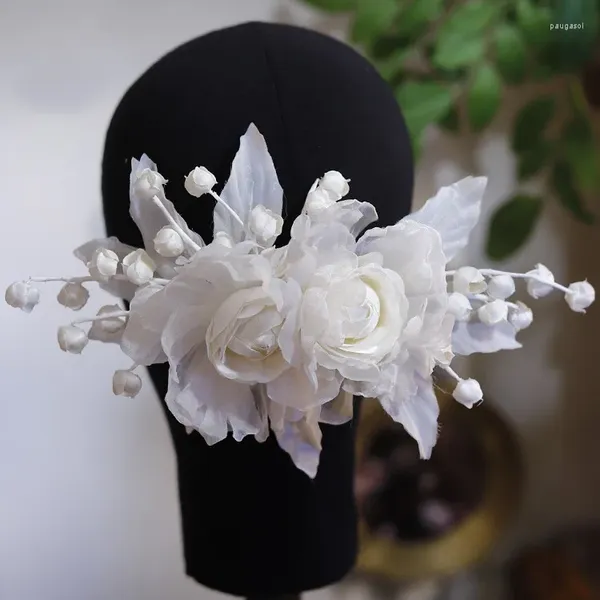 Fermagli per capelli Fiore di filato di seta Campana dolce Ramo di orchidea Testa da sposa Copricapo da sposa bianco