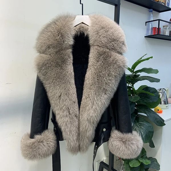 Maylofuer 100% real casaco de pele de raposa genuína jaqueta de couro de pele de carneiro material importado gola grande com punhos de pele de raposa natural 240105