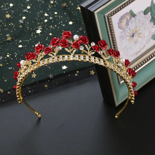 Grampos de cabelo fantasia liga vermelha strass beleza nupcial tiaras flor coroa princesa rosa para meninas