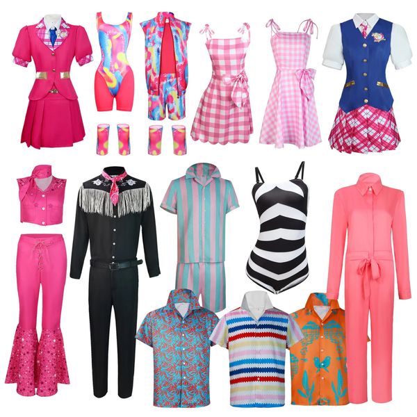 Filme princesa traje para adultos crianças mulheres homens meninas cosplay rosa boneca vestidos halloween xadrez roupas de aniversário 240104