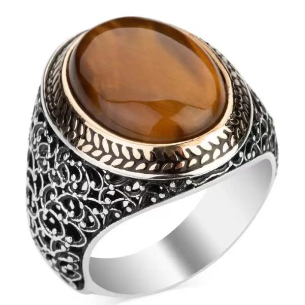 Anéis de casamento vintage artesanal anel homens mulheres conjunto marrom tigre olho pedra anel punk tendência religiosa muçulmano jóias islâmicas 240104