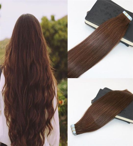 Fita em extensões de cabelo humano 4 marrom escuro 100 pele trama extensões de cabelo invisível duplo desenhado fita virgem sem costura em Extensio7371897