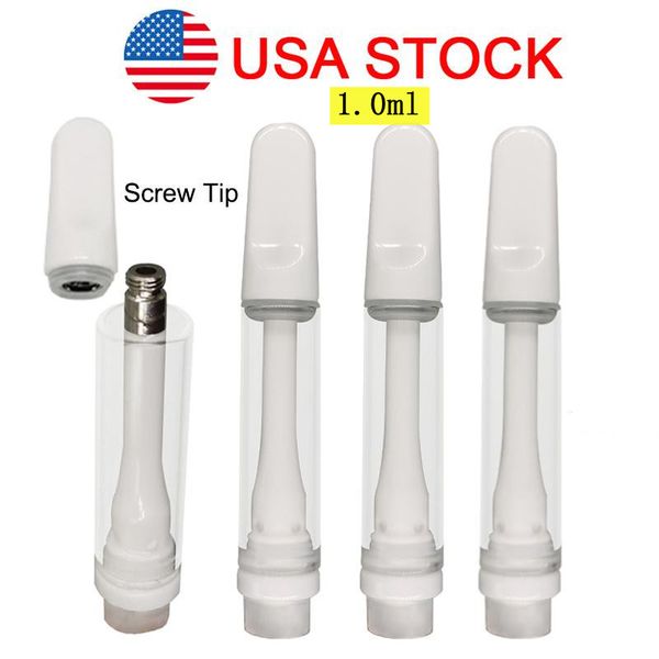 Cartucce Vape da 1 ml Carrelli in ceramica pieni da 510 fili Bianco Vuoto Atomizzatori STOCK USA Bobina in ceramica Serbatoio in vetro vuoto 800 PZ / LOTTO in confezione in schiuma Tappi a vite 800 pezzi