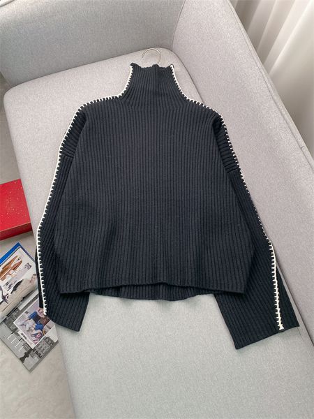 2024 primavera nero tinta unita maglione lavorato a maglia di lana manica lunga colletto alla coreana maglioni stile pullover W3D283964