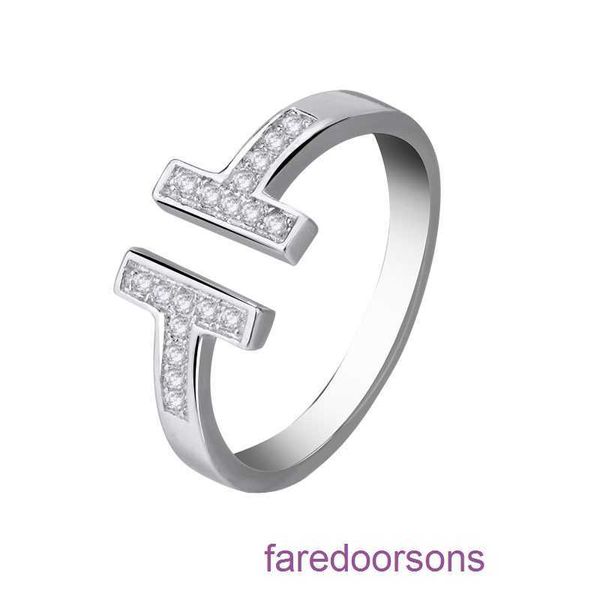 Anéis Tifannissm de alta qualidade para mulheres loja on-line Zircão anel em forma de T abertura jóias de prata simples moda dupla t conjunto feminino tem caixa original