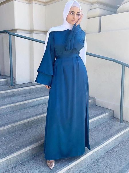 Roupas étnicas Cetim Sólido Plus Size Islâmico para Mulheres Vestido Shalwar Kameez Duplo Sino Mangas O-pescoço Cinto Abaya Marroquino Kaftan