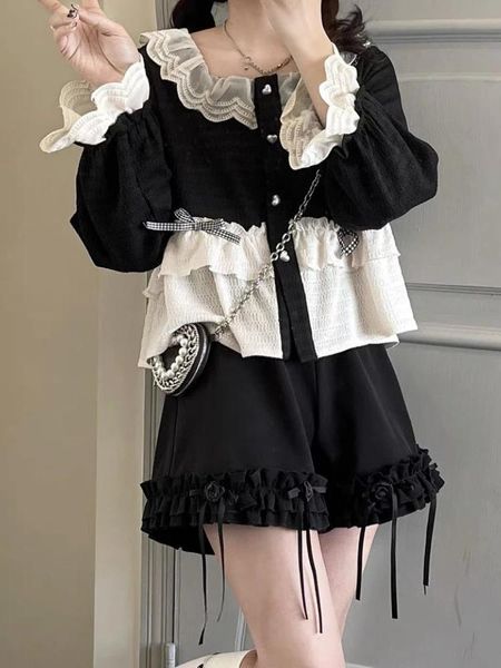 Gonne stile coreano Kawaii set a due pezzi donna pizzo nero Lolita pantaloncini dolci set camicetta elegante giapponese femminile + pantaloncini a gamba larga Nuovo