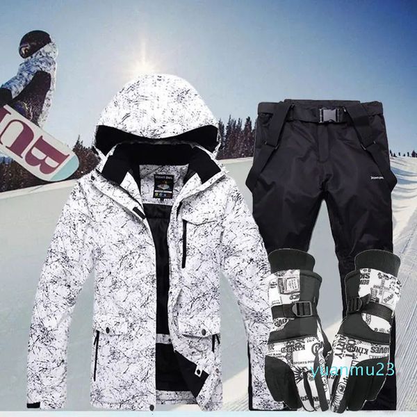 Engrossar quente terno de esqui das mulheres dos homens inverno à prova de vento à prova dwindproof água luvas de esqui snowboard jaqueta calças conjunto masculino plus size 3xl