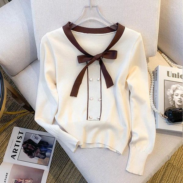 Kadın Sweaters 2024 Sonbahar Kış Renk Kontrastı Crewneck Bow Tie Kore High-Endbled Kadınlar İçin Üst Kılı