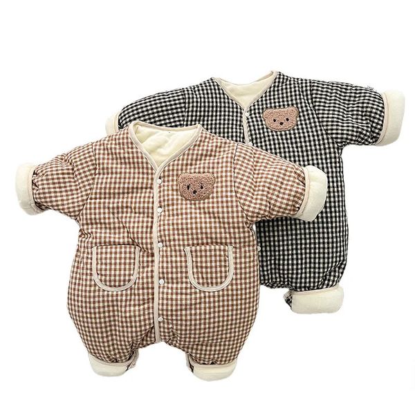 Tuta invernale per bambino per ragazzo ragazza Plaid Bear nato pagliaccetti vestiti coreani per bambini tutina calda per bambini 240104