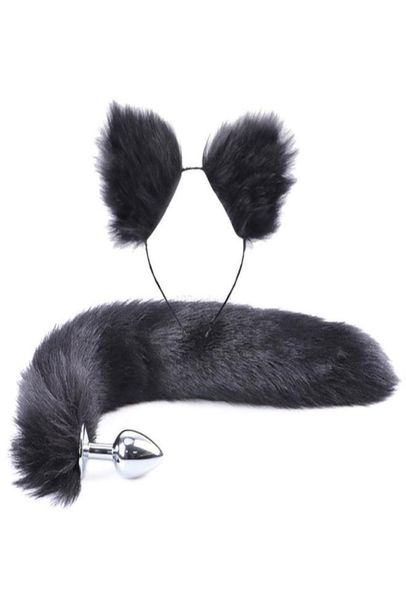 2 pçs / set y cauda de pele falsa metal butt plug bonito orelhas de gato bandana para role play festa traje prop adulto sexo brinquedos189x4153555