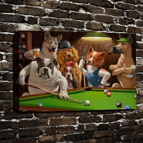 Gemälde Hunde spielen Pool Billard Ölgemälde HD-Leinwanddrucke Heimdekoration Wohnzimmer Schlafzimmer Wandbilder Kunstgemälde Kein Rahmen3