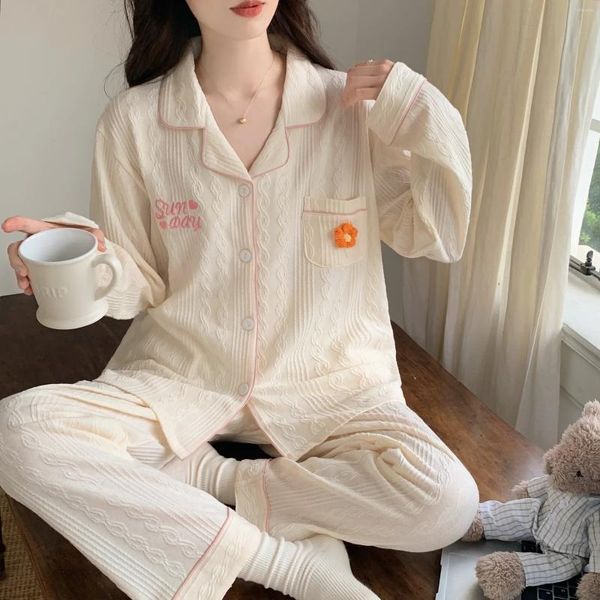 Mulheres sleepwear rebeyuili marca pijama para mulheres 2024 primavera e outono algodão bordado conjuntos de mangas compridas casual outwear loung wear