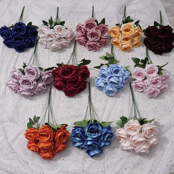 Simulazione bouquet di rose bouquet di fiori di seta matrimonio matrimonio fiori finti soggiorno ornamenti supporto per muro di fiori all'ingrosso HYD