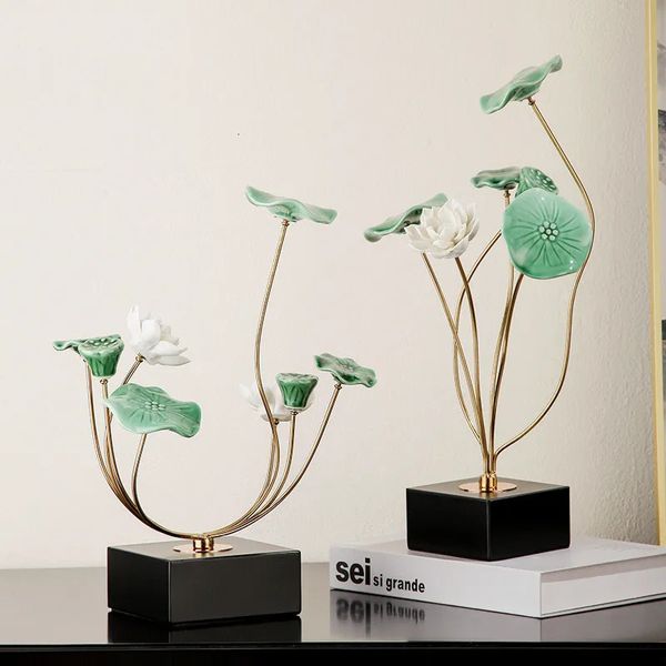 Metallhandwerk Ornamente Lotusblatt Simulation Pflanzenskulptur Chinesische Keramikstatue Heimdekoration Zubehör Pflanzentöpfe 240105