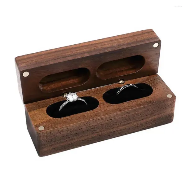 Bolsas de jóias Caixa de anel de madeira de nogueira Suporte de madeira com forro macio para proposta de noivado de casamento Natal