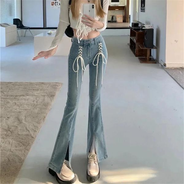 Abito Y2k Jeans svasati con lacci 4xl Pantaloni vintage carini Kawaii Estetici Streetwear Pantaloni casual a campana Donna Jean coreano effetto consumato