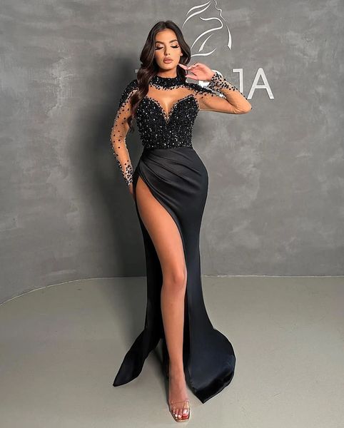 Moda nero sirena abito da sera pura illusione collo alto maniche lunghe perline paillettes abiti da festa formale abiti da ballo per le donne Robe De Soiree