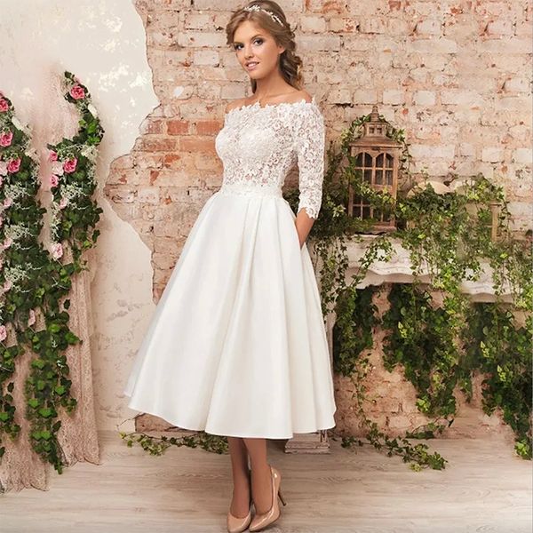 2024 Vintage Kurzes Hochzeitskleid für Frauen Langarm U-Ausschnitt Teelang Spitze Satin A-Linie Braut Partykleider Vestidos De Noiva Casamento