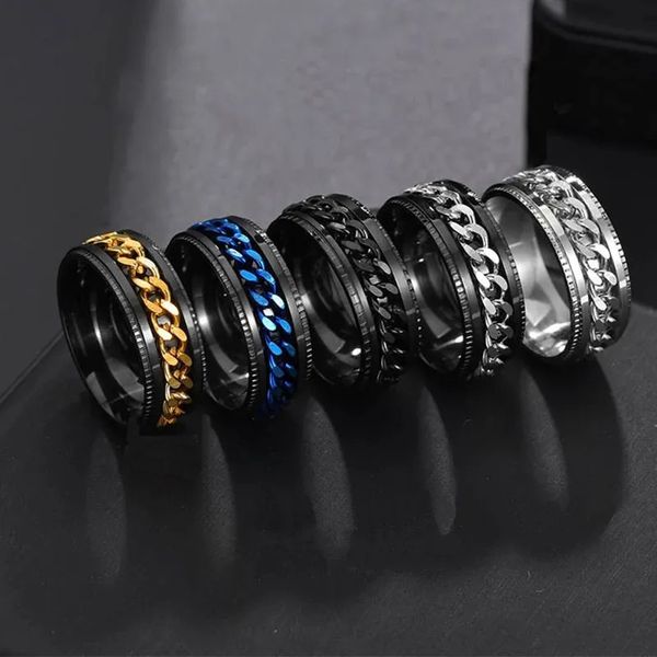 Обручальные кольца Кольцо из нержавеющей стали, крутое черное вращающееся звено цепи, используемое для мужской вращающейся цепи с текстурой шин 240104