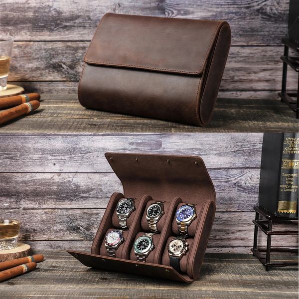 Caixa de relógio de couro genuíno, caixa de exibição para 6 relógios, organizador de relógio, suporte masculino, bolsa de rolo, caixa de joias requintada 240104