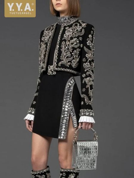 Luxus handgemachte Diamanten Vintage Jacke Frauen elegante Party Mode schwarz Kurzmantel Büro Damen Herbst Designer Jacken 240104