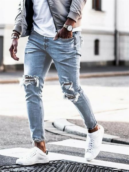 Luz azul magro jeans homens streetwear destruído rasgado homme hip hop quebrado modis masculino lápis biker oco para fora jean calças 240104