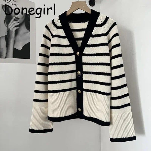Женский трикотаж Donegirl 2024, женский осенний однорядный вязаный свитер на пуговицах в полоску, повседневный простой кардиган, пальто, женские топы, шикарные