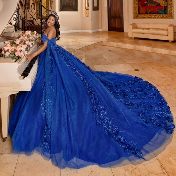 Mexikanisches blaues schulterfreies Quinceanera-Kleid für 16 Jahre, süßes 16-Kleid, Applikation, Spitze, Tüll, Perlen, Partykleid, Schnürung, vstidos 15 de