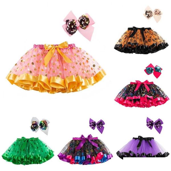 Юбки Необычная мини-юбка для девочек на Хэллоуин, костюм с принтом тыквы-фонарика, юбки с бантом и блестками, вечерние юбки-юбки, детская праздничная пачка, Drop Deliver Dhux2