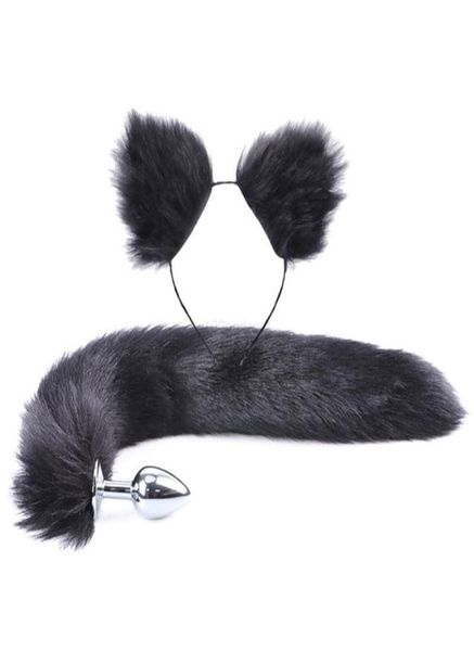 2 pçs / set y cauda de pele falsa metal butt plug bonito orelhas de gato bandana para role play festa traje prop adulto sexo brinquedos189x6528669