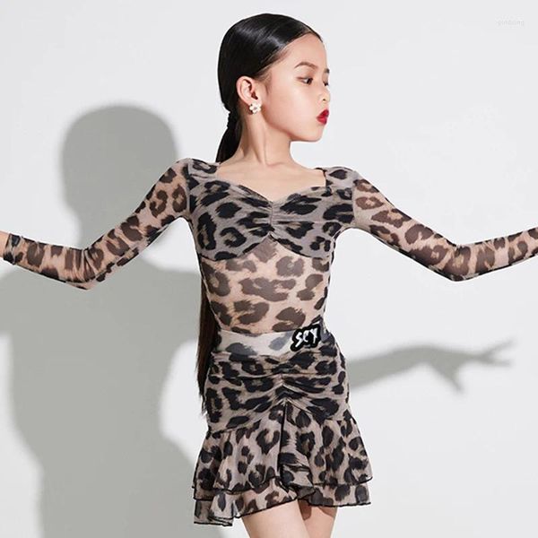 Bühnenkleidung 2024 Kinder Latin Dance Kleidung Mädchen Praxis Leopard Kleid Performance Kleidung Sets Cha Rumba Kostüm DNV19146
