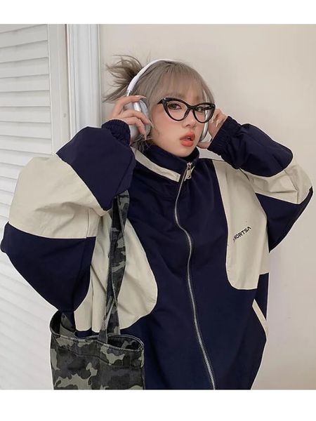 Houzhou Vintage Bombacı Ceketleri Kadın Kore Sokak Giyim Renk Bloğu Patchwork Büyük Boy Varsity Ceket Koleji Bahar Hippi Zip 240104