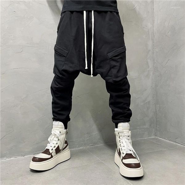 Fatos masculinos escuro retro lavagem água personalidade de baixa qualidade harem calças bolso macacão moda designer tornozelo-amarrado sweatpants