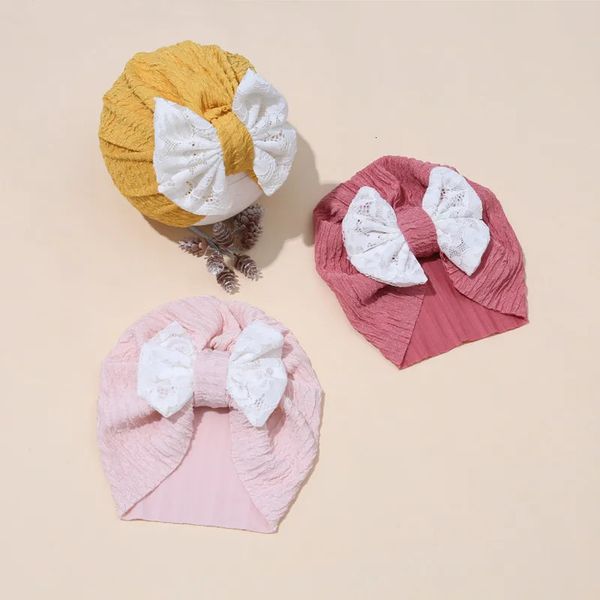 Mode Baumwolle Geknotete Hüte für Baby Mädchen Beanie Caps Spitze Bogen Infant Turban geboren Kopfbedeckung Frühling Hut Motorhaube Kappen Kinder 240105