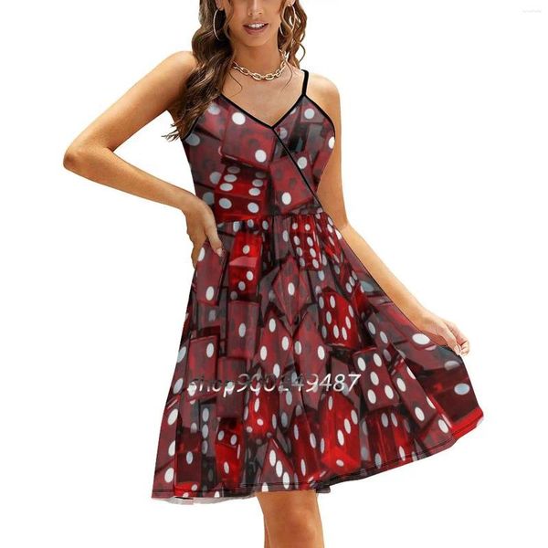 Vestidos casuais vermelho dados sling vestido mulheres verão impressão condole cinto jogar risco chance casino vegas rolo par sorte jogo